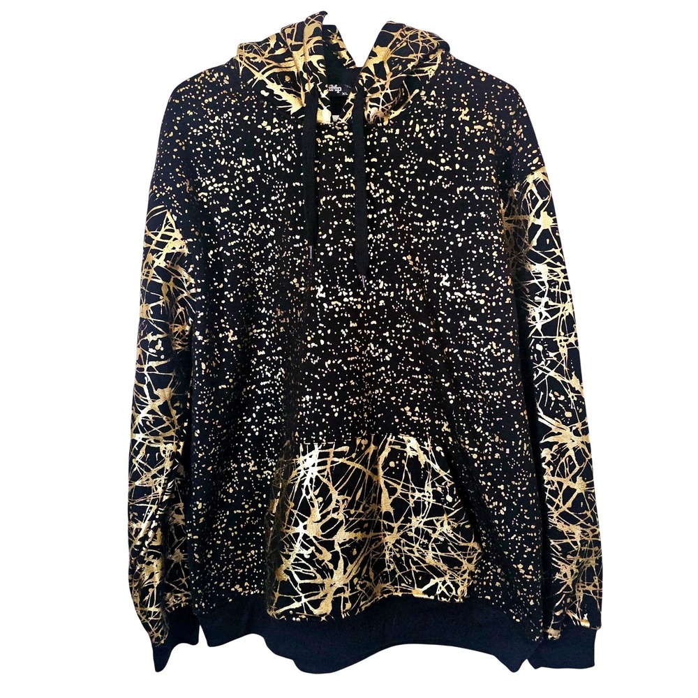 IMP Black Gold Splatter Abstract Graphic Hoodie XL‎ Streetwear Pullover Shiny